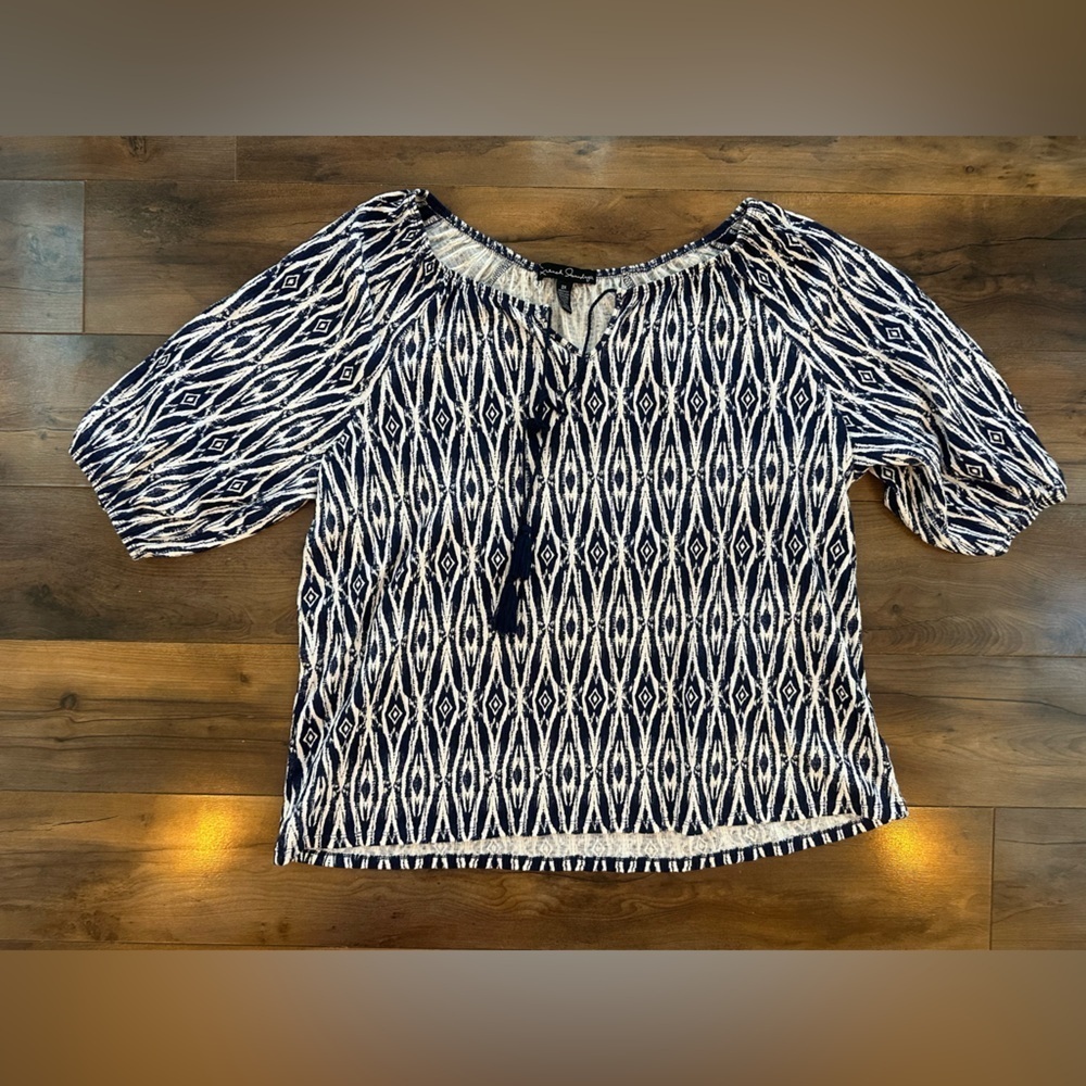 French Laundry Navy White Ikat Print Peasant Top Women’s 2X